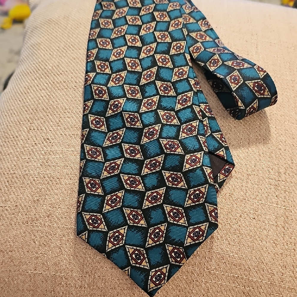 Boston Traders Teal and Black Geometric Tie. 100% Silk. Made In The USA